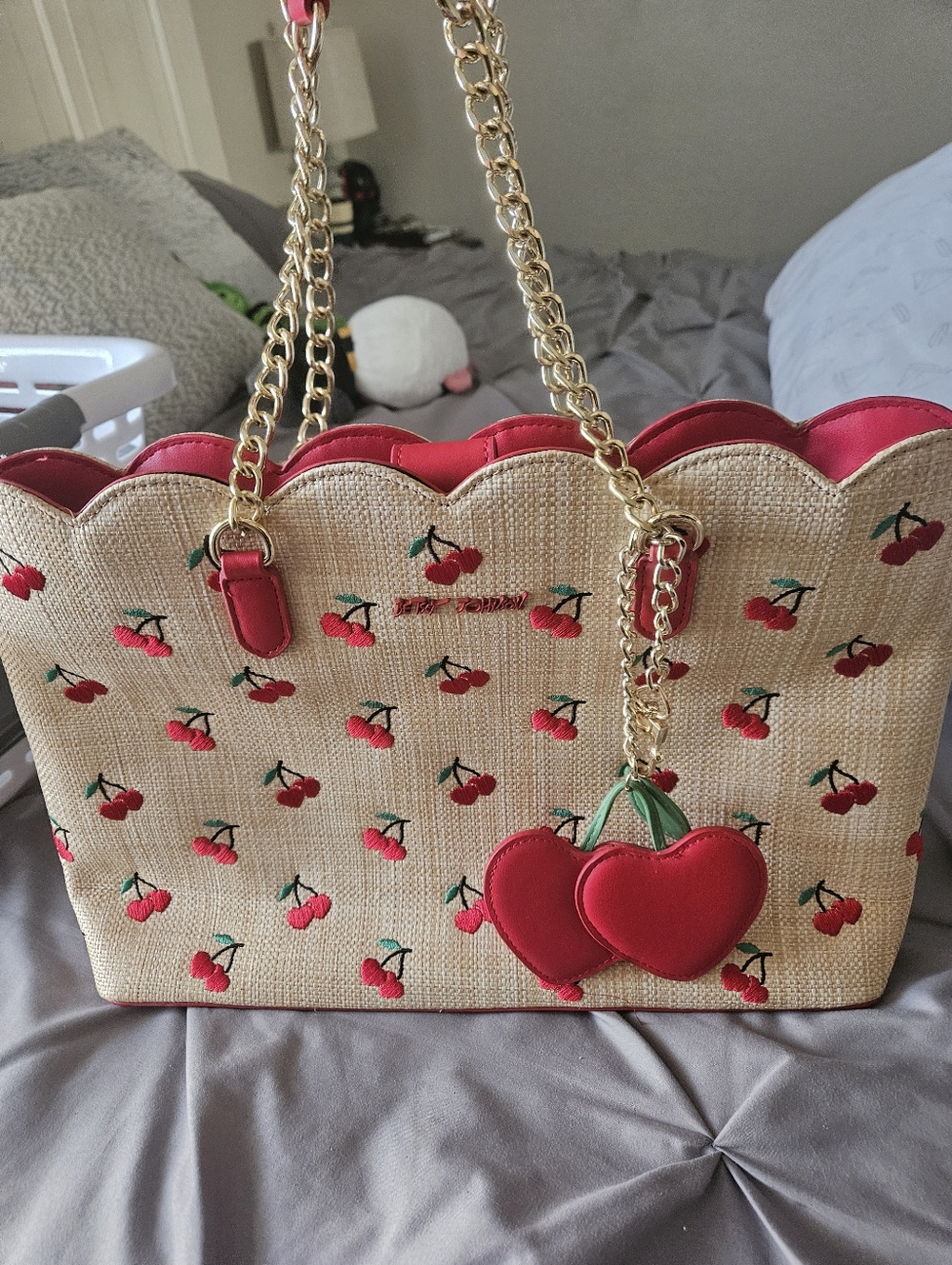 Betsey Johnson Straw Cherry Tote with Gold Chain Straps